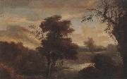 A Wooded landscape with figures bathing and resting on the bank of a river unknow artist